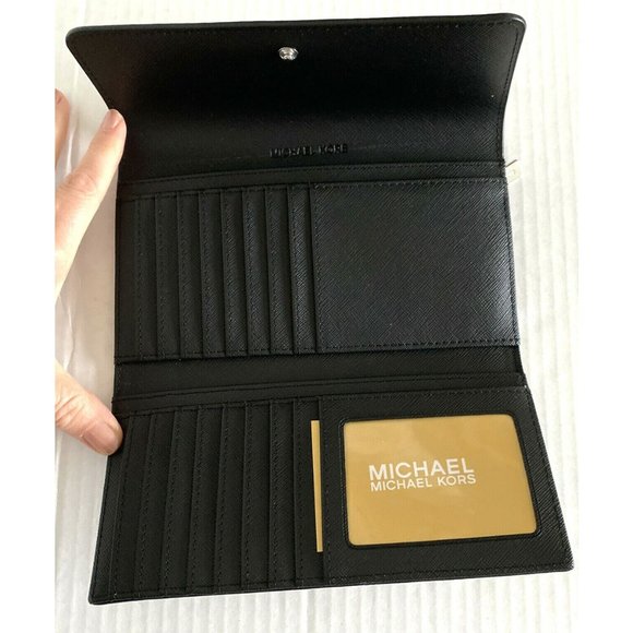 New Michael Kors Jet Set Travel Large Trifold wallet PVC Black with Silver - Picture 3 of 4